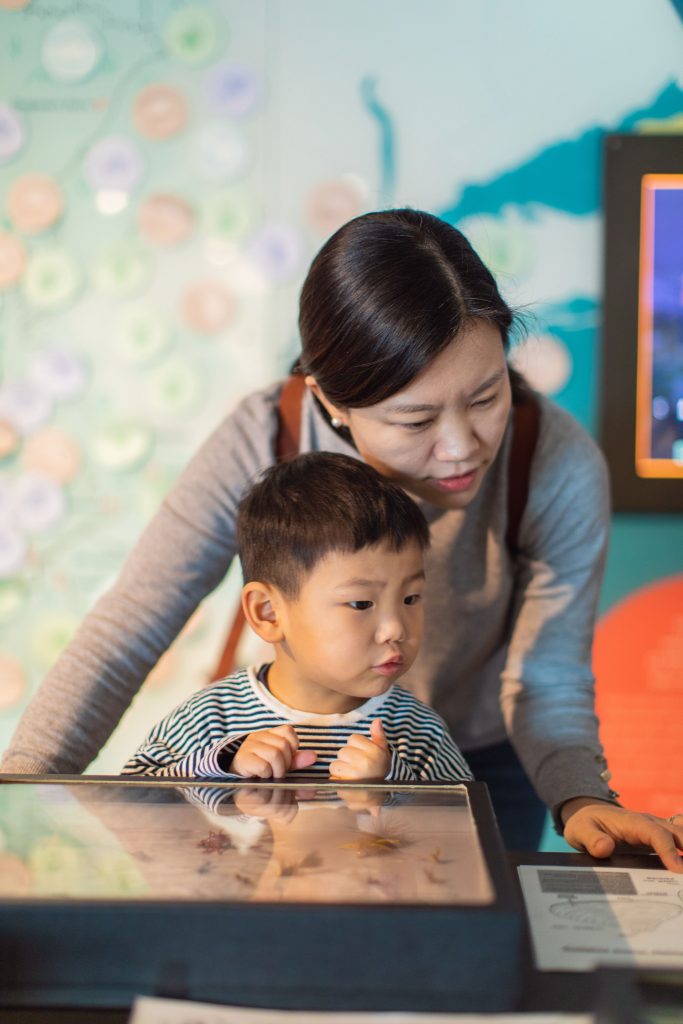 A woman and child studying an object