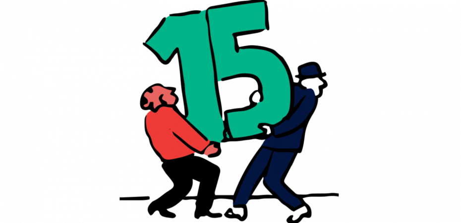 Cartoon image of two people carrying a big number 15